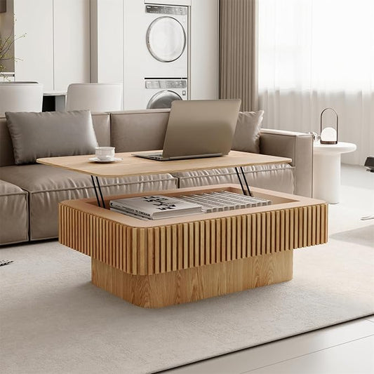 Lift Top Coffee Table for Living Room, Accent Fluted Coffee Table with Storage, Modern Solid Wood Veneered Rectangle Center Tea Table for Small Space Apartment (38.6''D×14''H-Natural)