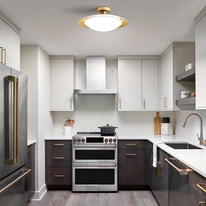 Dimmable Mid Century Modern Semi Flush Mount Ceiling Light with Acrylic Shade,White Gold LED Ceiling Light,5CCT 2700K-6000K Light Fxiture for Hallway Bedroom Kitchen Laundry Room Living Room 15.7 in