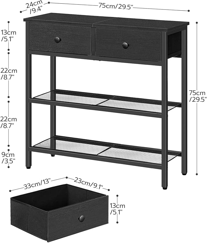 HOOBRO 29.5" Narrow Console Table with 2 Fabric Drawers, Sofa Table, Small Entryway Table with 3-Tier Storage Shelves, Behind Couch Table, for Living Room, Hallway, Black BB72XG01