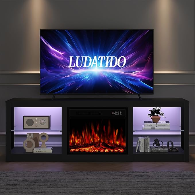 Ludatido 70 Inch Fireplace TV Stand with 23" Fireplace Insert, Entertainment Center with 14-Color LED Lights, Open Storage, Adjustable Glass Shelves, Black TV Stand for Living Room Fits up to 80" TVs