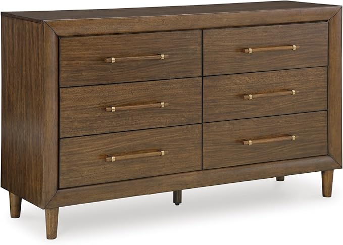 Signature Design by Ashley Lyncott Mid-Century Modern 6-Drawer Dresser with Safety Stop and Felt Lined Top Drawers, Dark Brown
