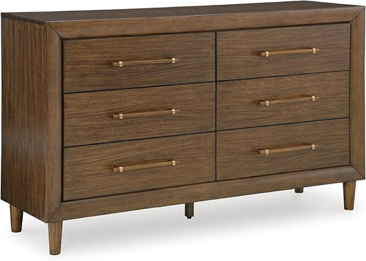 Signature Design by Ashley Lyncott Mid-Century Modern 6-Drawer Dresser with Safety Stop and Felt Lined Top Drawers, Dark Brown