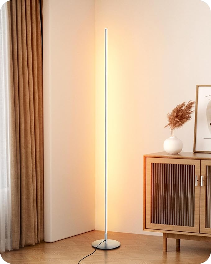 EDISHINE LED Corner Floor Lamp, Minimalist Dimmable Light with Remote, 57.5 Inches Tall Floor Lamps for Living Room, Bedroom, Home Office, 7 Color Temperature 2700-6000K (Silver)