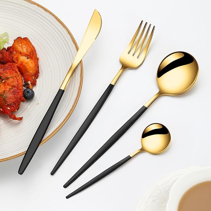 24 PCS Gold Silverware Set, Food-Grade Stainless Steel Flatware Set for 6, Cutlery Set Tableware with Black Handle, Steak Knives Forks and Spoons, Utensil Sets for Home Restaurant Hotel