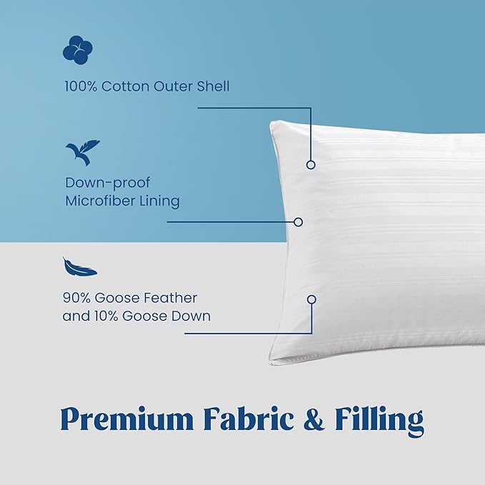 puredown Goose Feather Down Pillows, Embossing Bed Pillows for Sleeping with 2 Outer Protectors, Hotel Standard/Queen Pillows Set of 2 (Pack of 2)