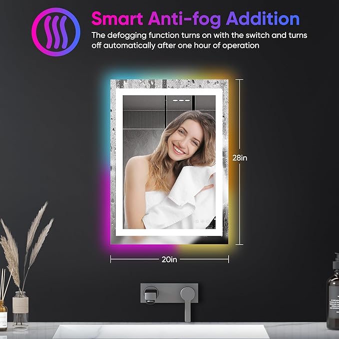 Antok 28"x 20" LED Bathroom Mirror with Lights, Anti-Fog, Dimmable, Lighted Vanity Mirror with Tempered Glass, Memory Function, 11 Light Modes, Safe Use, Horizontal, Vertical