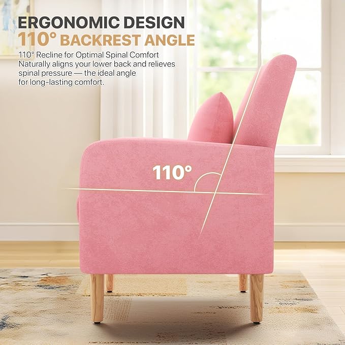 Magshion Mid-Century Accent Chair for Living Room, Comfy Reading Chair for Bedroom, Upholstered Linen Fabric Armchair Single Sofa with Back Pillow & Wood Legs, 300 lbs Capacity, Pink