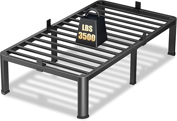 14 Inch Twin XL Heavy Duty 3500 lbs Bed Frame with Round-Corner Legs & Anti-Squeak Design – Quick Assembly Metal Platform, No Box Spring Needed