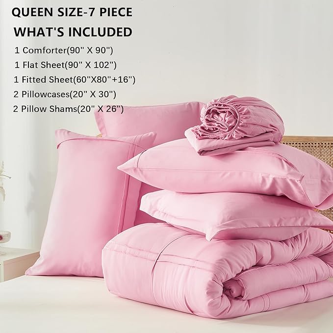 Yogeneg Queen Comforter Set 7 Piece Bed in a Bag,Grid Pinch Pleat Pink Bedding Set,Striped Textured Soft Microfiber Comforter with Sheet Set,All Season Complete Bed Set(Pink,Queen)