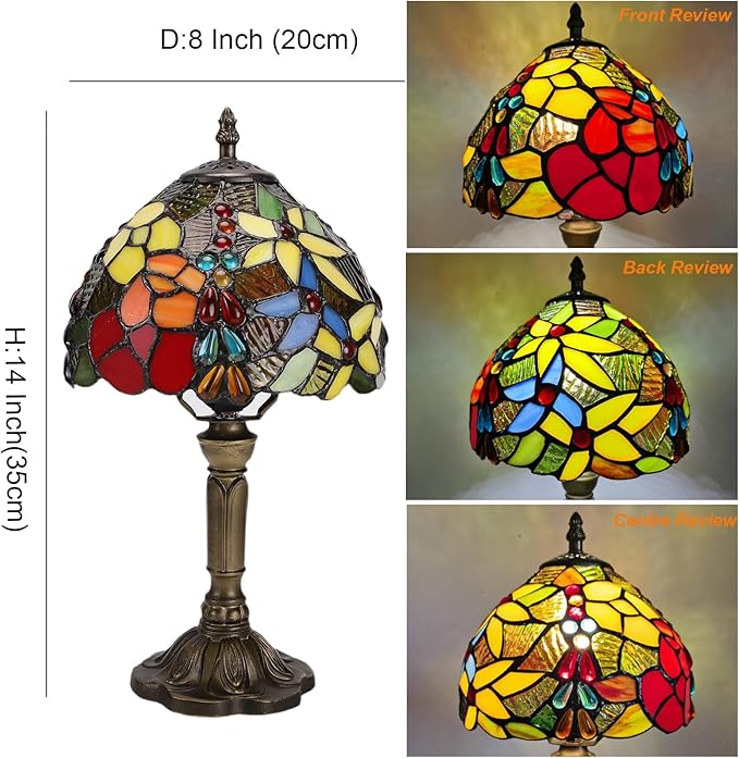 Tiffany Lamp Rose Flower Stained Glass Table Lamp for Bedroom,3 Colors Temperatures Nightstand Bedside LED Home Office Desk Lamp 8X8X14 Inch Tall Small Accent Table lamp for Living Room Hotel