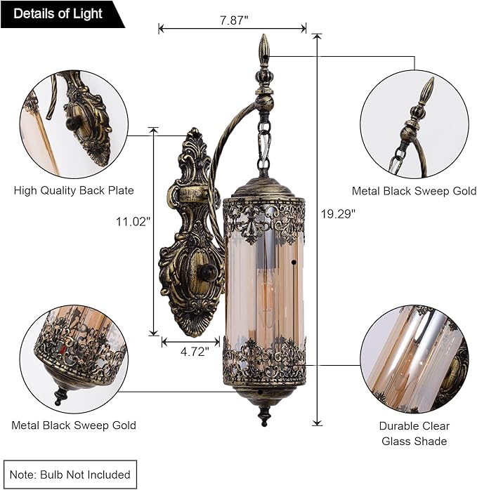 Rustic Wall Sconce with Amber Glass Mini Vintage Antique Gothic Wall Light Fixture Retro Farmhouse Mid Centry Lantern Wall Sconce for Bedroom, Hallway, Mirror, Bursh Gold, E12