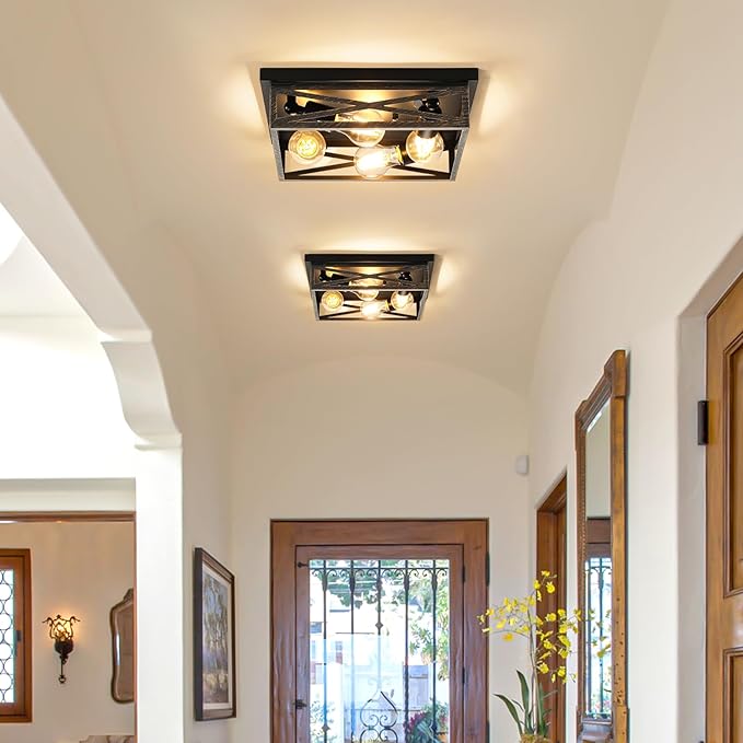 2 Pack Rustic 4-Light Kitchen, Hallway Flush Mount Light Fixtures, Industrial Metal Cage Ceiling Light for Farmhouse, Kitchen, Hallway E26 Base(13in)