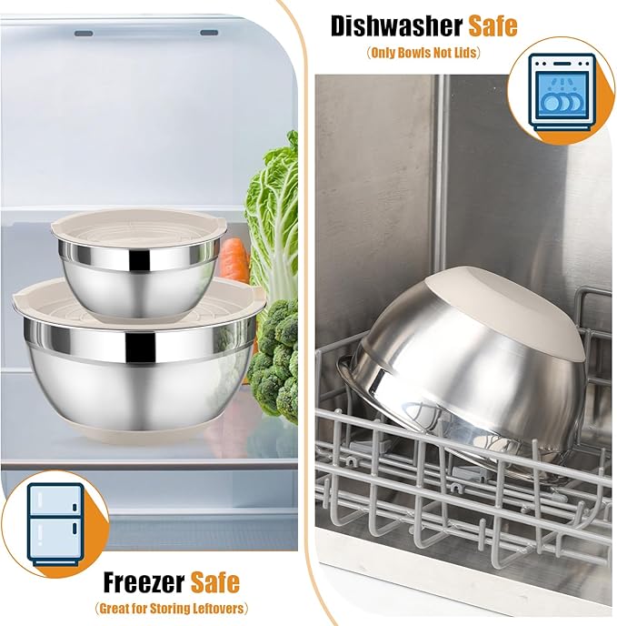 P&P CHEF Mixing Bowl with Lid Set, 5 Piece Stainless Steel Mixing Nesting Bowls for Salad Storage, 3 Grater Attachments & Non-Slip Bottoms, Size 1/1.5/2 / 2.6/4.6 QT, Khaki