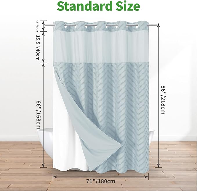 Extra Long No Hook Boho Farmhouse Shower Curtain with Snap-in Fabric Liner set-71Wx86H(84H),Tufted Chevron Striped Hotel Grade Cloth Shower Curtains for Bathroom,Water Repellent,Fog Blue