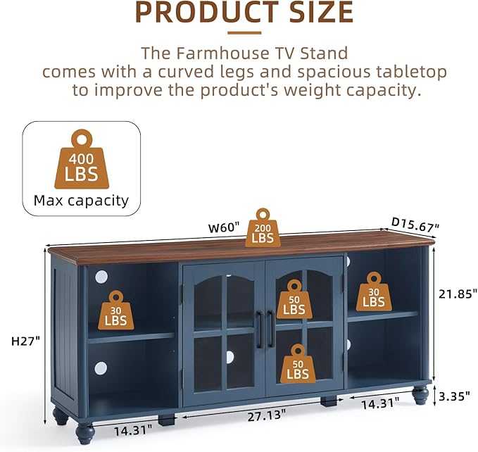 Farmhouse TV Stand for 60 Inch TV, Wood Entertainment Center with Glass Door Storage Cabinet & Adjustable Shelves,Television Stands for 65" TVS, TV Console Table for Living Room,Bedroom,Blue