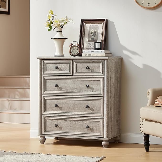 WYHG Farmhouse 5 Drawer Dresser for Bedroom, 35.5" Tall Small Dressers & Chest of Drawers, Rustic Wood Dresser with Roman Column, Storage Organizer for Living Room, Hallway, Closet (Grey)