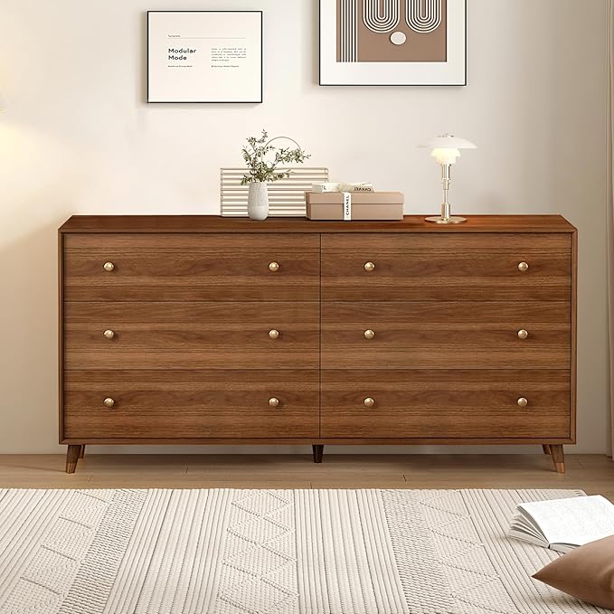 Mid Century Modern 6-Drawer Dresser, 55 Inch Wide Solid Wood Frame Chest, Walnut Finish, Beveled Design, Heavy-Duty Drawer Glides, Storage Cabinet for Bedroom, Living Room, TV Stand