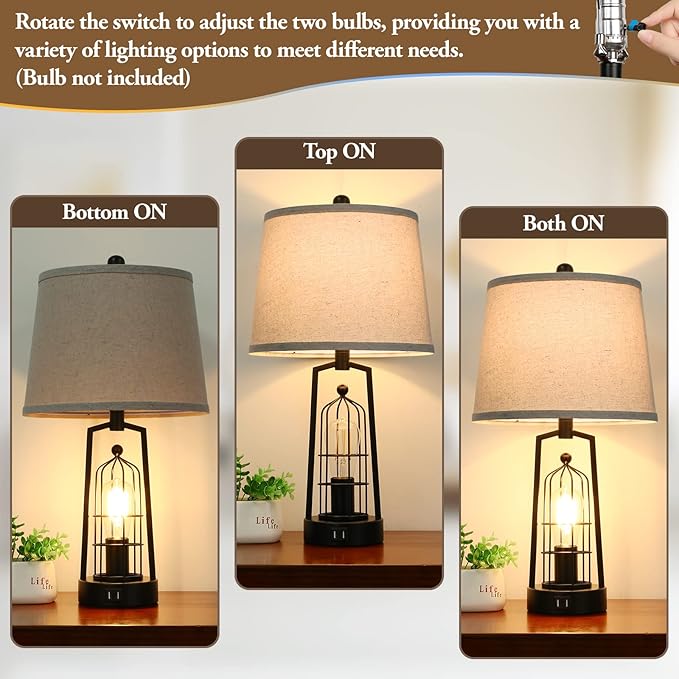 Farmhouse Table Lamps with 2 USB Ports, Set of 2 Rustic Industrial Desk Lamp for Living Room, 2-Light Black Bedside Lamp, Bedroom Nightstand Lamp with Beige Lampshade for House Decor, Reading