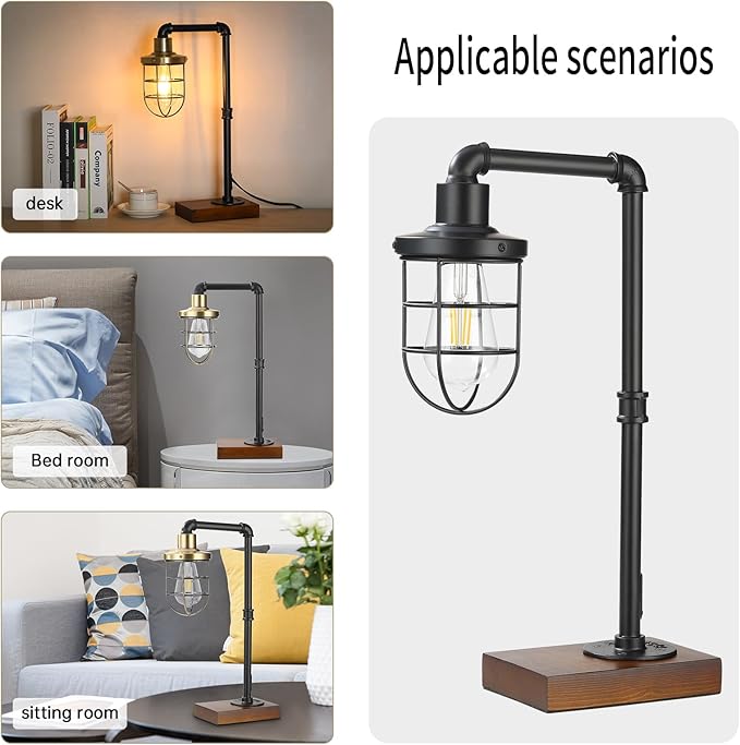 CONCA Steampunk Industrial Lamp, E26 Base Rustic Edison Light with Caged Wood Base and Iron Tube (Black)