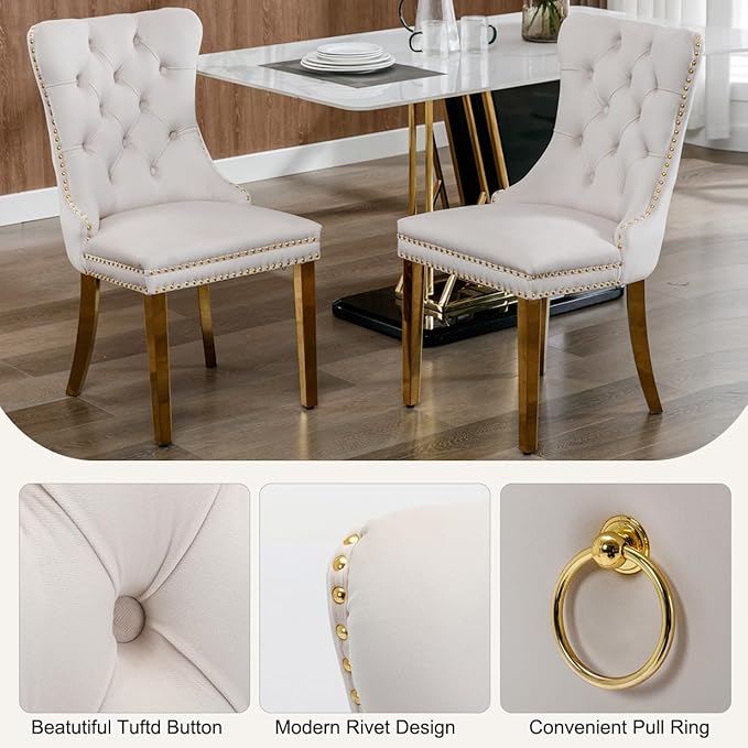 3-Piece Faux Marble Round Dining Table Set for 2, Modern Luxury Kitchen Table Set for 2 with Beige Tufted Chairs,Circle Dining Tables with Pandora Grain Top and Bronze Pedestal Base