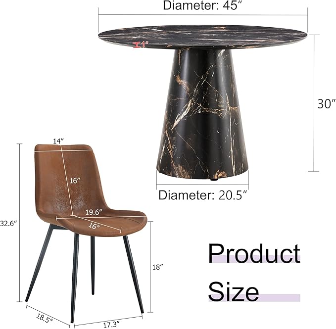 45 Inch Round Dining Table Set for 4, 5 Piece Kitchen Table and Chairs Set, Black Faux Marble Table Top, Small Space Dining Set for Apartment or Dining Room