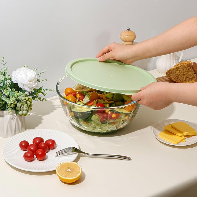 NUTRIUPS 4.7 Quart Large Glass Mixing Bowl with Lid, Deep Big Glass Bowl Large Salad Bowl (Green-A)