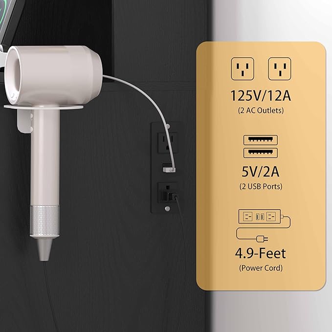 Black Makeup Vanity Desk with Mirror & Lights, Modern Vanity Table with Charging Station, 7 Drawers, Glass Cabinet, Shelves & Cushioned Stool, Bedroom Dressing Table Set for Women & Girls