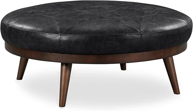 Poly & Bark Gio Ottoman – 30” Round with Feather-Down Topper – Full-Grain Leather Upholstery – Couch Ottoman for Living Room – Italian Leather in Onyx Black