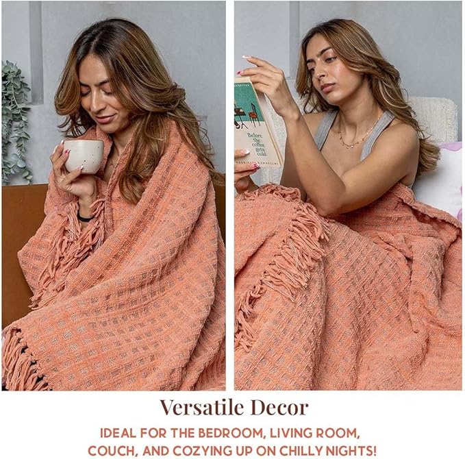 Folkulture Throw Blanket | (60 x 50) Chunky Knit Blanket for Bed, Couch | Boho Chenille White Thick Knitted Throw Blanket | Ultra Soft, Plush, Lightweight, Machine Wash, Giftable Throws