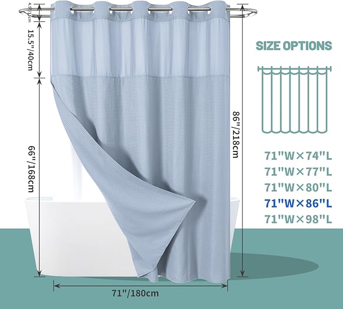 FrostBlue Extra Long No Hook Waffle Weave Shower Curtain with snap-in Liner Replacement, 230GSM Waterproof Fabric Hotel Shower Curtain Set for Bathroom, Through Mesh Top Window,71Wx86H