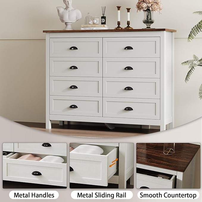 Farmhouse White Dresser for Bedroom, Wide Wood Dressers & Chests of Drawers, Modern 8 Drawer Double Dresser for Bedroom with Vintage Black Handle, 8 Drawer Dressers for Hallway, Antique White