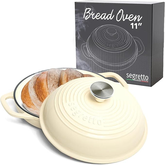 Enameled Cast Iron Bread Pan with Lid, 11” Bianco Perla (White) Bread Oven Cast Iron Sourdough Baking Pan, Dutch Oven for Bread - Segretto Cookware