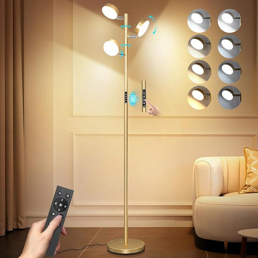 Tree Floor Lamp for Living Room - Modern Glod Standing Lamp, LED Floor Light with Remote & Touch, 3000K-6000K Dimmable for Bedroom Office Reading (3 Head)