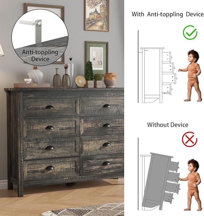 Wananlanen® Farmhouse Dresser for Bedroom, Wooden Tall Rustic Dresser for Bedroom, Hallway (Dark Oak, 8 Drawer)