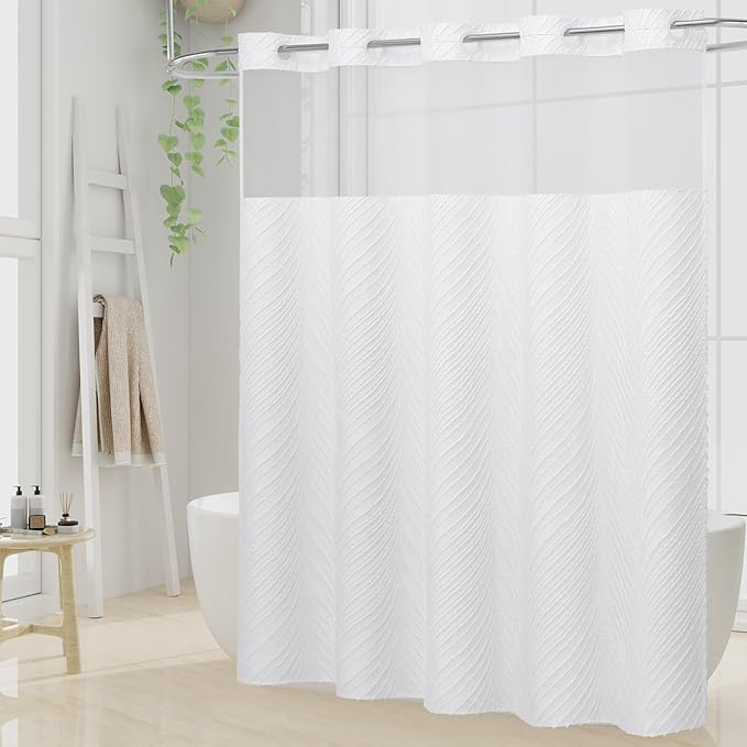 Boho White Long Shower Curtain 72 x 80, No Hook 80 inch Long Farmhouse Fabric Shower Curtain Set with Snap-in Liner, Hotel Style Shower Curtain with See Through Top Window