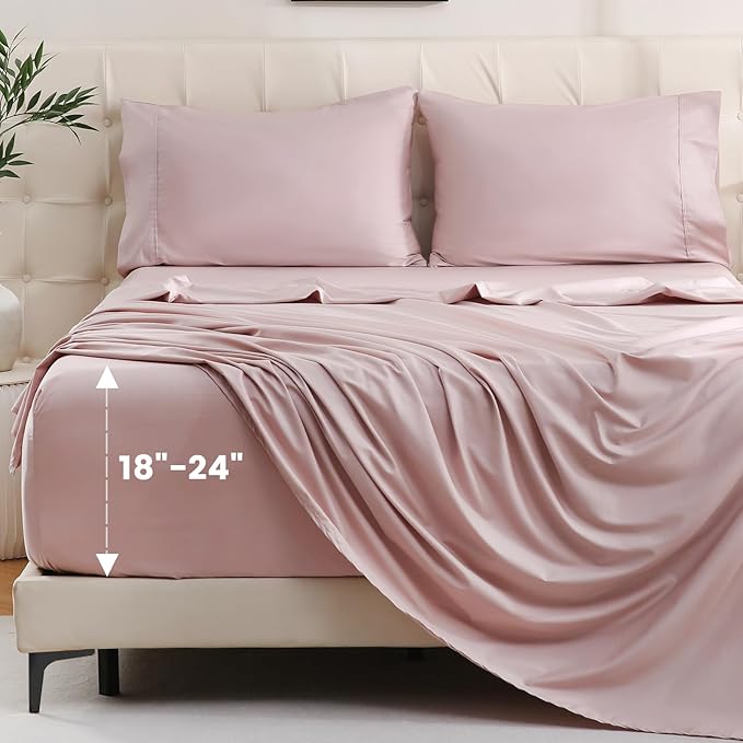 Bedlifes Queen Sheet Set, Extra Deep Pocket 18-24 Inches,1000Thread Count 100% Egyptian Cotton, Soft and Breathable Sateen 4-Piece,Light Pink