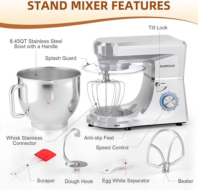 8.45 QT Stand Mixer - 660W 6 Speed Large Capacity Kitchen Electric Mixer with Whisk Dough Hook Mixing Beater Household Food Mixer for Baking Cakes Cookie Bread Salad (Silver)