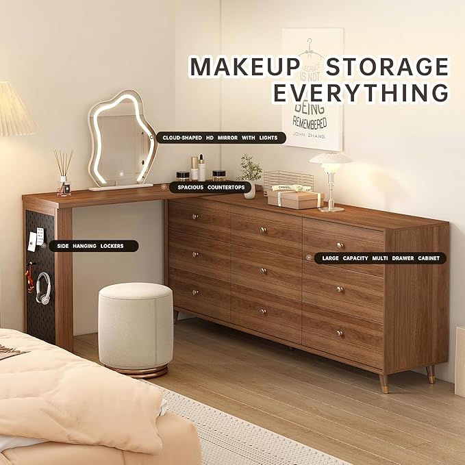 Makeup Vanity Desk Set with Cloud-Pattern HD Lighted Mirror and Stool, 70-110in Extendable Modern Vanity Table, 9-Drawer Solid Wood Frame Storage Cabinet, Bedroom Dressing Table, Brown
