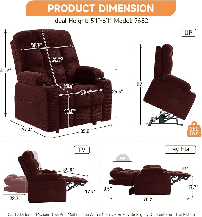 Triple Motor Large-Wide Power Lift Recliner Chair with Power Headrest for Big and Tall Elderly, Infinite Position, Massage Heat, Extend Footrest, USB, Cup Holder, Plush Flannel Red