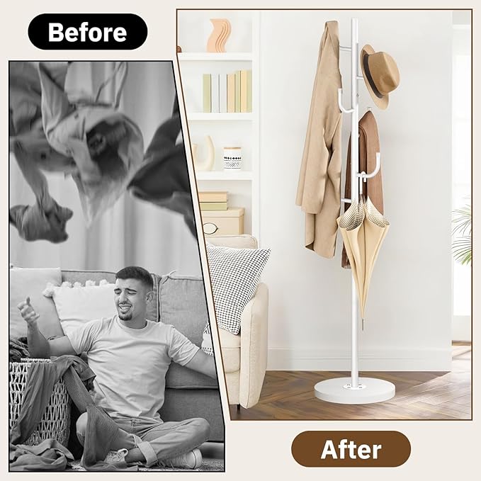 MISSLO Heavy Duty Coat Rack Freestanding 4 Adjustable Size Coat Tree with Stable Wood Base Coat Hanger Stand with 6 Hooks Standing Clothes Tree for Bedroom, White