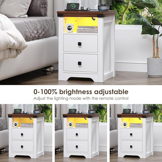 Farmhouse 2 Drawers Dresser for Bedroom, Nightstand with LED Lights, Wooden Dresser Side Table with 2 Storage Drawers, Wooden End Table for Bedroom, White
