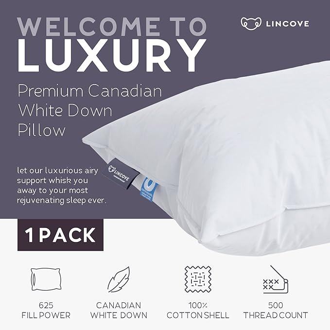 Lincove Cloud Natural Canadian Down Pillow, White Luxury Sleeping Pillow - 625 Fill Power, 500 Thread Count Cotton Shell, Made in Canada, King - Soft, 1 Pack