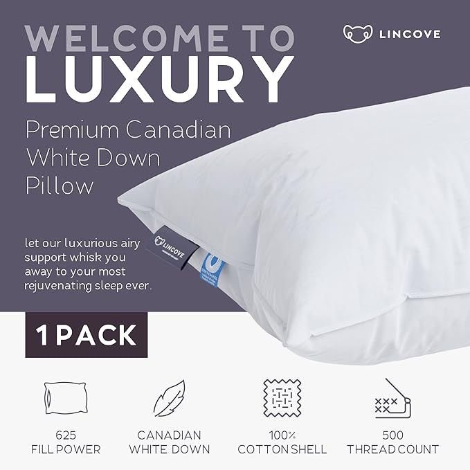 Lincove Cloud Natural Canadian Down Pillow, White Luxury Sleeping Pillow - 625 Fill Power, 500 Thread Count Cotton Shell, Made in Canada, King - Medium, 1 Pack