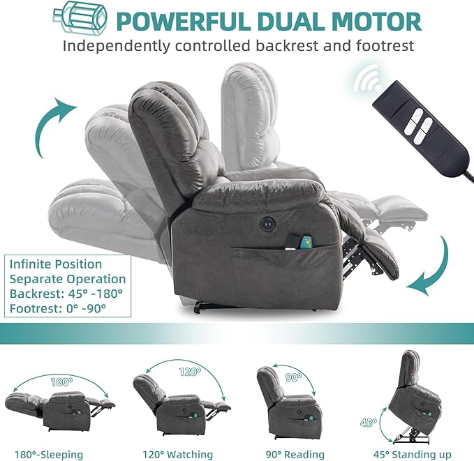 MEETWARM Large Infinite Position Dual Motor Recliner Chair for Big and Tall Elderly, Oversized Lay Flat Sleeper Power Lift Recliner with Massage Heat, 2 Remote Controls/USB Port/Side Pockets(Gray)