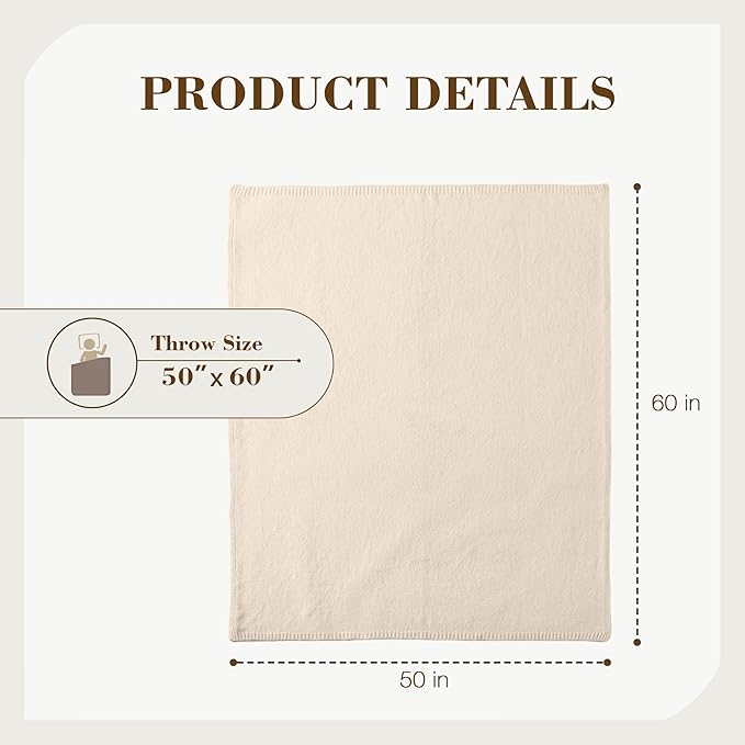 Carriediosa Wool Blend Knit Throw Blanket 50" X 60", 50% Recycled Polyester Soft Cable Knitted Fluffy Throws for Couch Lightweight Woven Blankets for Sofa Fuzzy Cozy Bed Cover, Light Beige