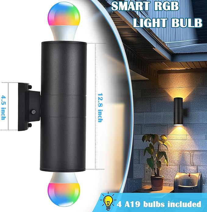 RGB Outdoor Wall Light Fixtures, Smart Cylinder Exterior Lighting Fixtures Wall Mount, Color Changing Up Down Wall Sconce, LED Outdoor Porch Lights for House Front Door Garage