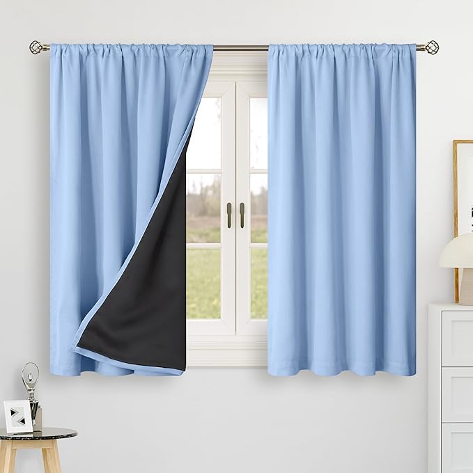 BGment Light Blue 100% Blackout 48 Inch Curtains for Small Window, Black Out Thermal Insulated Room Darkening Rod Pocket and Back Tab Double Layer Curtain for Kitchen, 2 Panels, Each 42 x 48 Inch