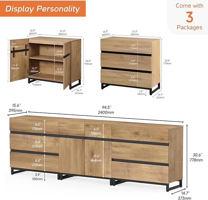 WAMPAT Modern TV Stand for TVs up to 100 Inch, 3-in-1 TV Console with Adjustable Shelves and 6 Drawers, Media Console for Living Room and Bedroom, Oak