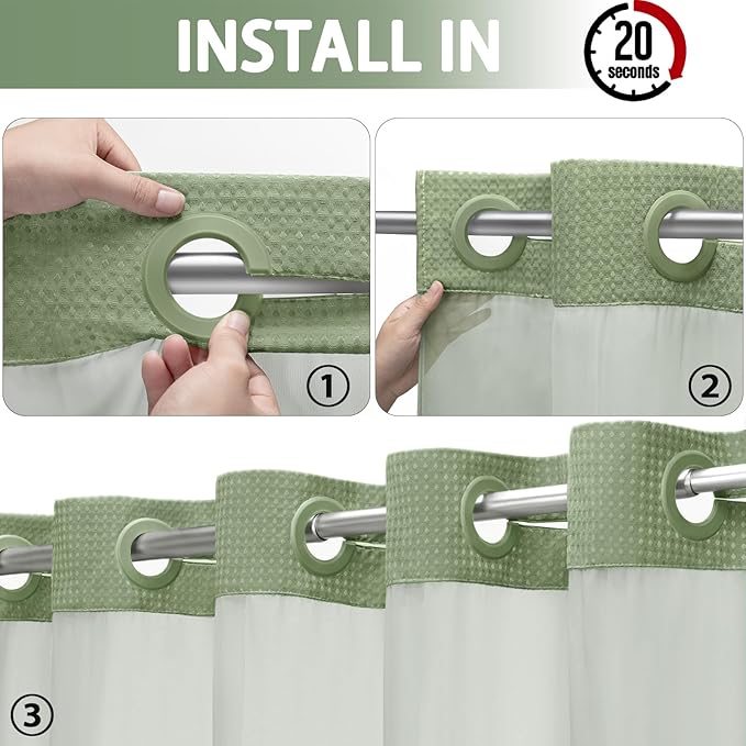 YellyHommy No Hook Shower Curtain with Snap in Liner Set Less Time Sage Green Waffle Shower Curtain for Bathroom 75" L x 72" W