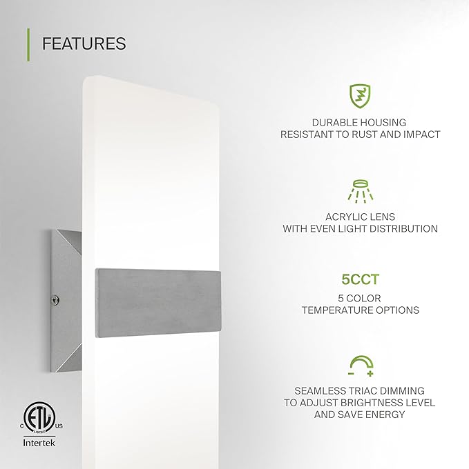 ASD 14 Inch LED Indoor Wall Sconce - Modern Interior 24W 120V 2700K-5000K Adjustable Dimmable Wall Mounted Light Fixtures, Acrylic Glass Wall Lights for Stairway, Hallway - ETL, Brushed Nickel 2 Pack